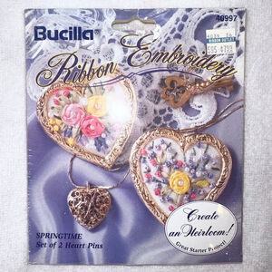 NOS Vintage 1994 Bucilla Ribbon Embroidery Springtime Heart Pins Craft Kit